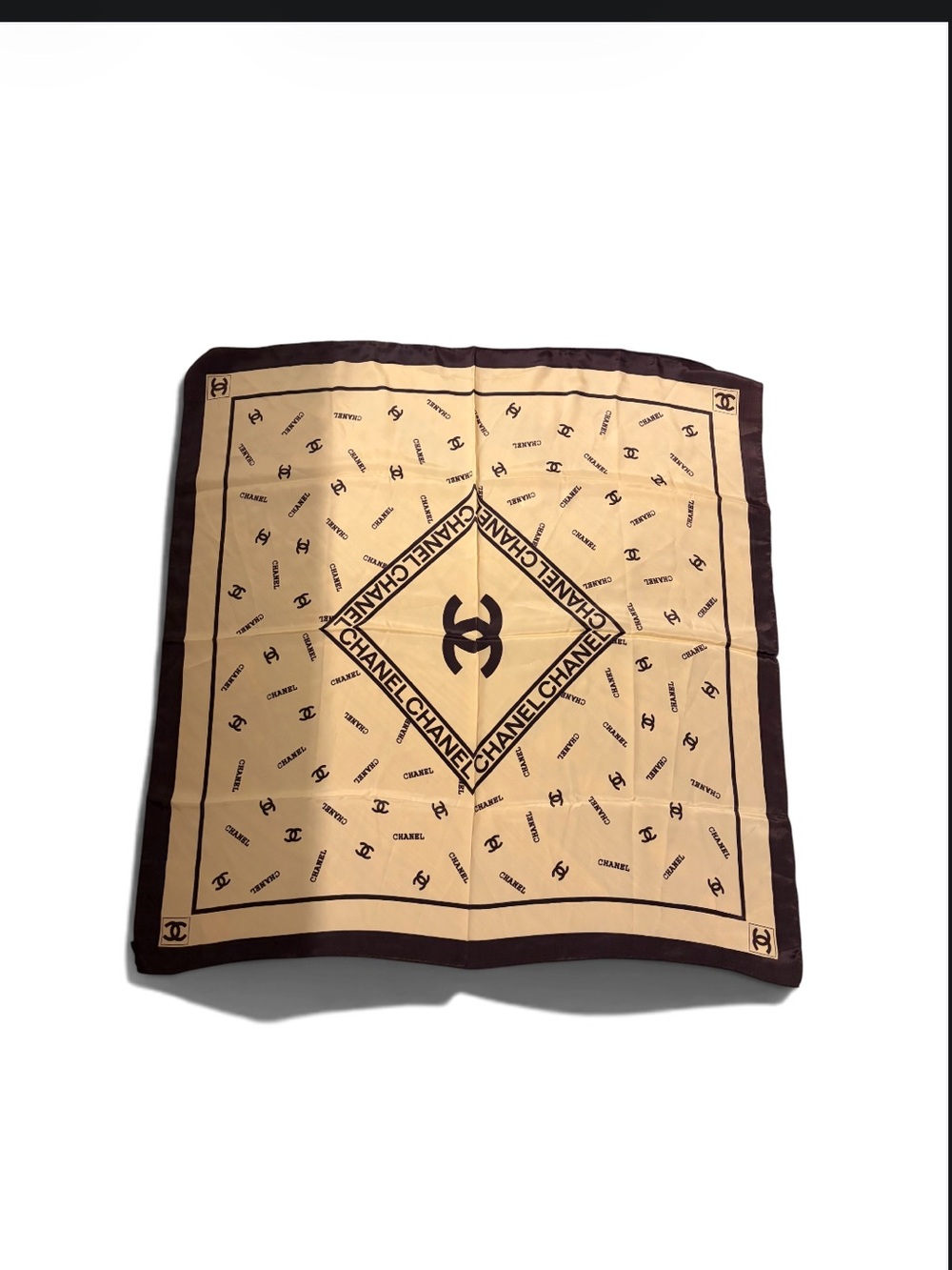 CHANEL Logo Print Scarf Beige Black Vintage Luxury Fashion Accessory